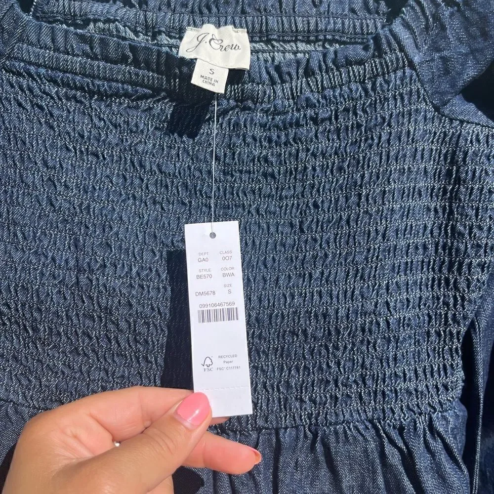 J Crew Puff Sleeve Chambray Smocked Top NWT